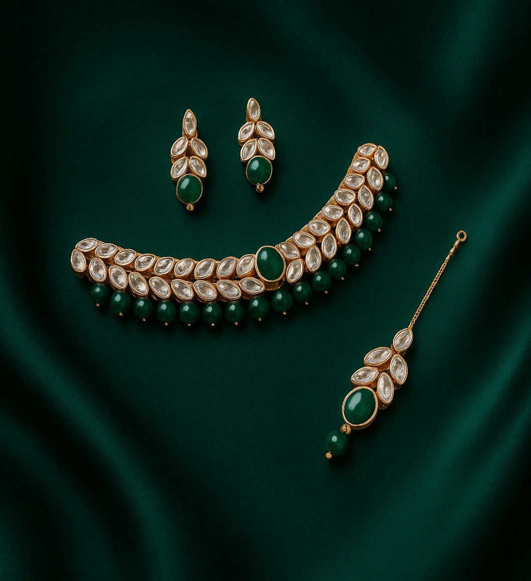 Luxury Green Stone & Kundan Bridal Jewelry Set (Necklace, Earrings & Tikka)