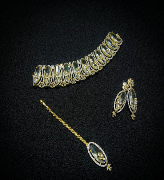 Regal Bloom Oval Set – Gold & Crystal Choker with Earrings and Maang Tikka