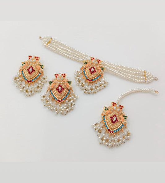 Handmade Multicolor Beaded Jewellery Set with Pearls – Necklace, Earrings & Tikka