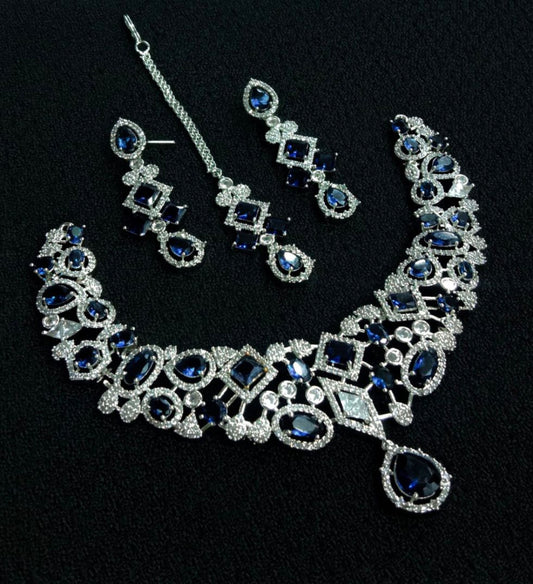 Royal Sapphire Majesty – Luxury Bridal Jewelry Set (Necklace, Earrings & Tikka)