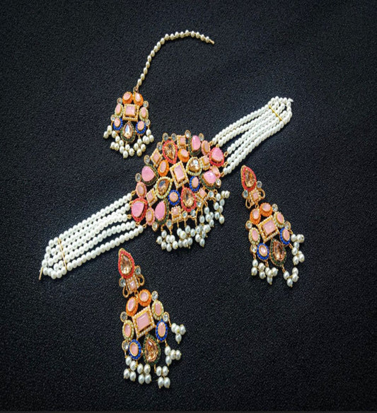 Ornate Jewelry Set With Colorful Stones And Pearl Accents