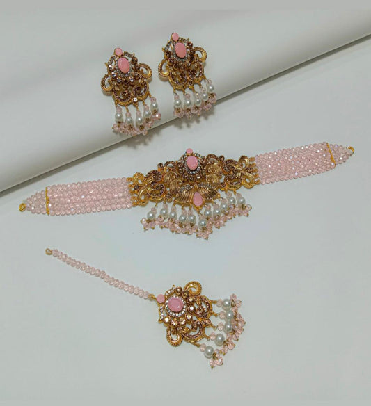 Elegant Pink Stone & Pearl Beaded Party Set – Necklace, Earrings & Tikka