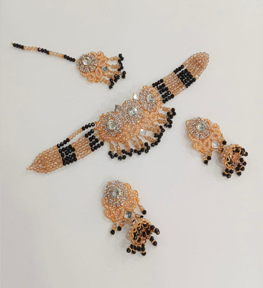Black & Golden Beaded Jewellery Set with Crystal Stones – Necklace, Earrings & Tikka