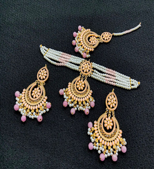 Elegant Gold-Plated Floral Jewelry Set with Pink & White Beads