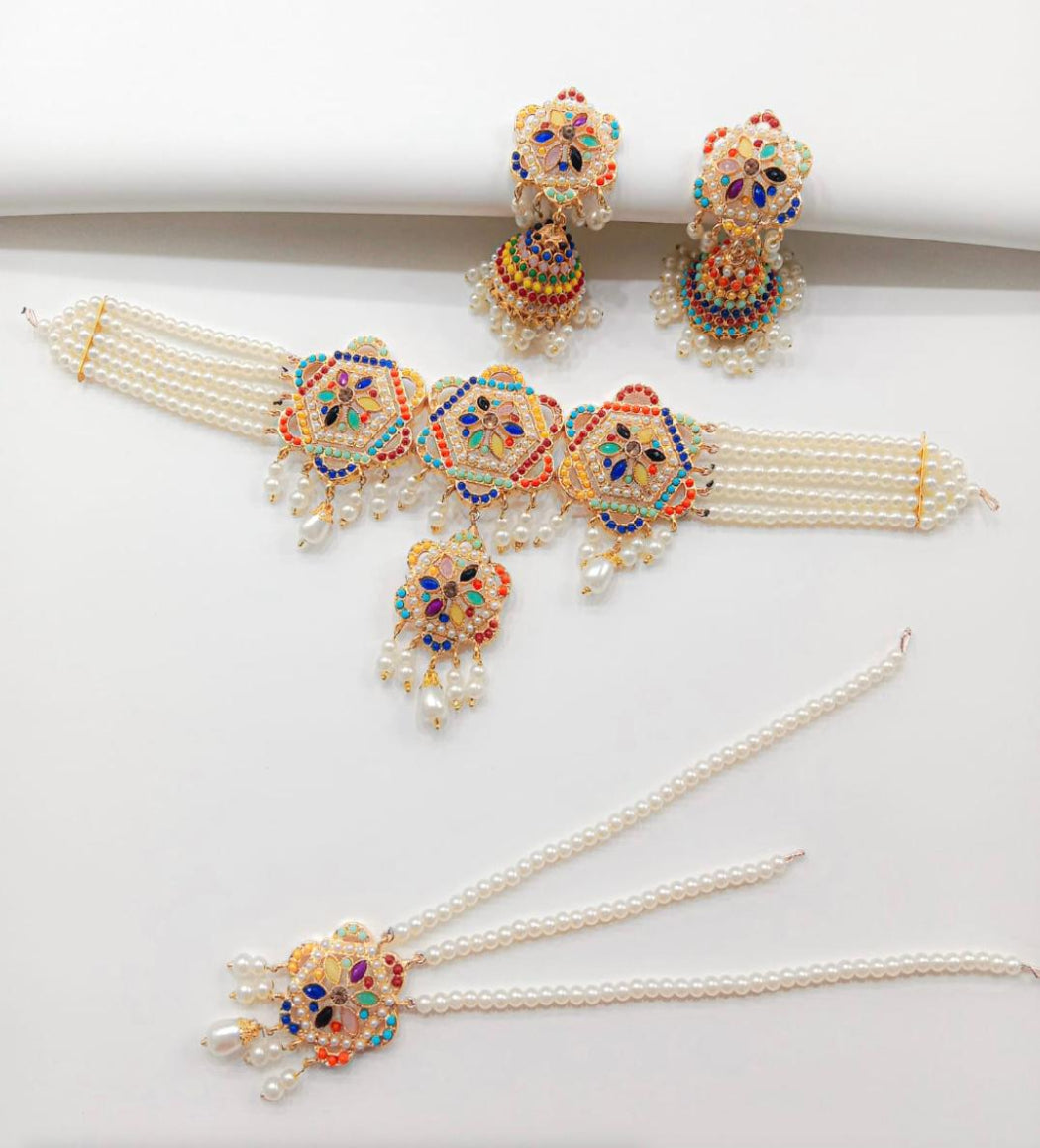 Handmade Multicolor Pearl Beaded Jewellery Set – Necklace, Earrings & Tikka