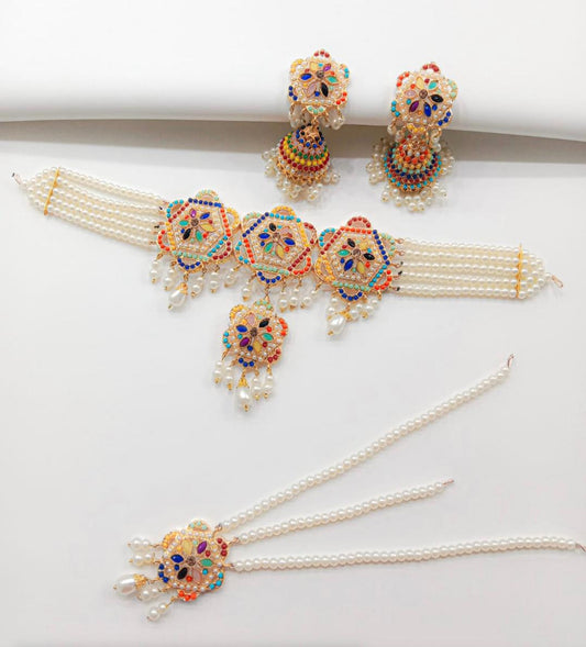 Handmade Multicolor Pearl Beaded Jewellery Set – Necklace, Earrings & Tikka