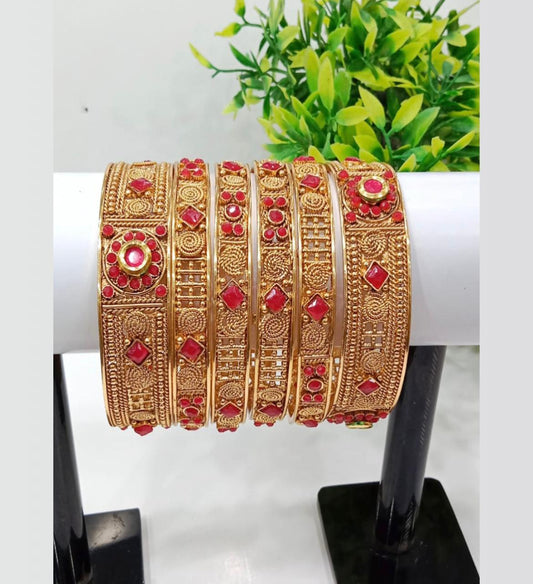 Royal Gold Plated Red Stone Bangles Set – Traditional Bridal Jewelry