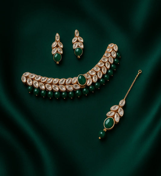Luxury Green Stone & Kundan Bridal Jewelry Set (Necklace, Earrings & Tikka)