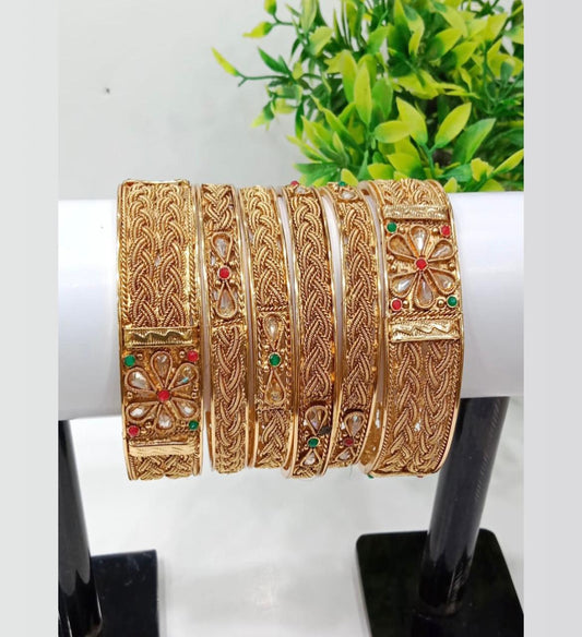 Gold-Plated Bridal Bangle Set with Red & Green Stones