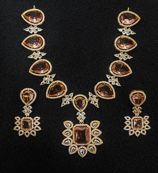 Jewelry Set With Necklace And Earrings Featuring Brown Gemstones