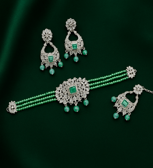 Green Beads And Silver Accents