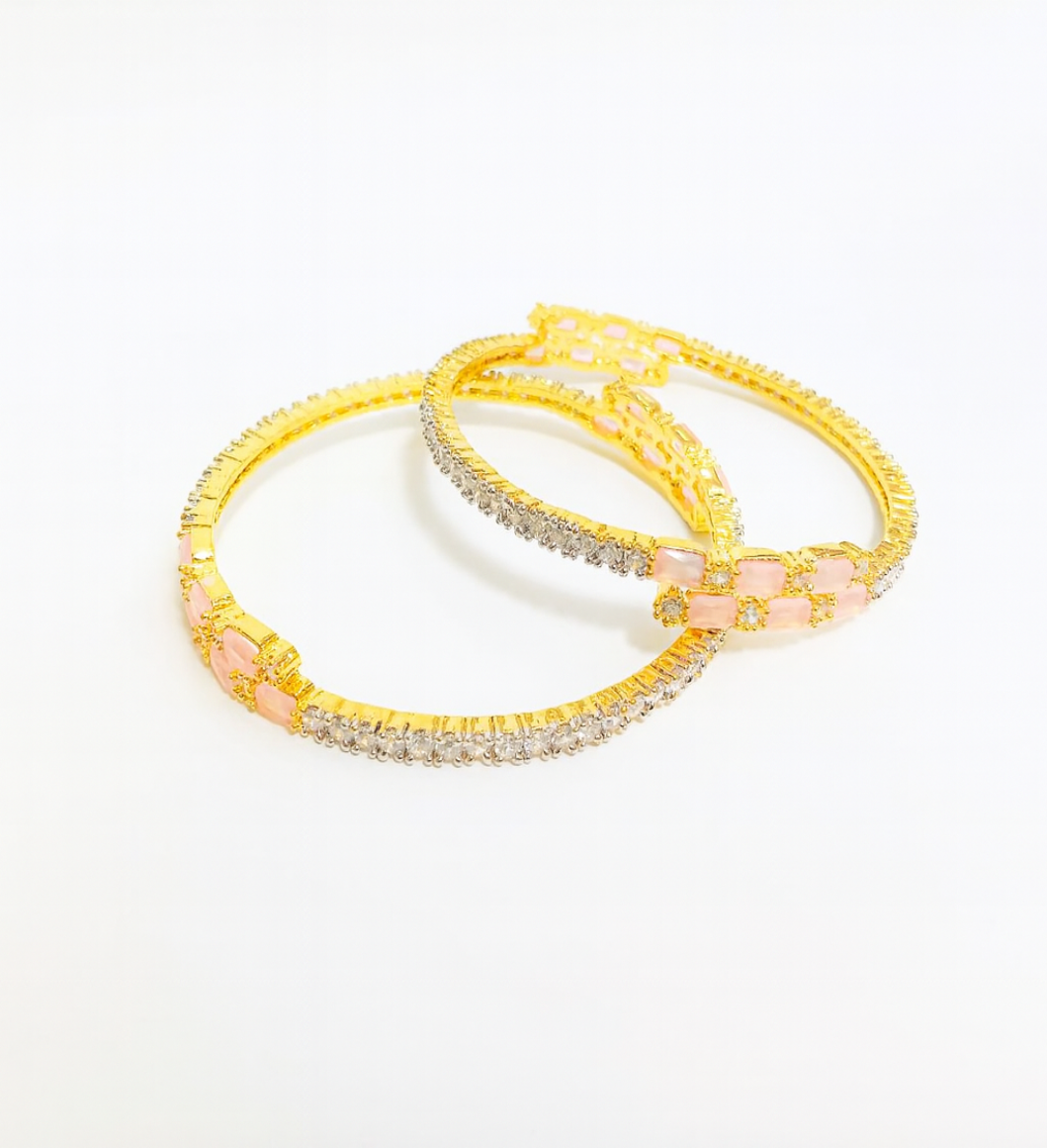 Luxury Pink Stone & Diamond-Style Gold Bangles – Elegant Jewelry Pair