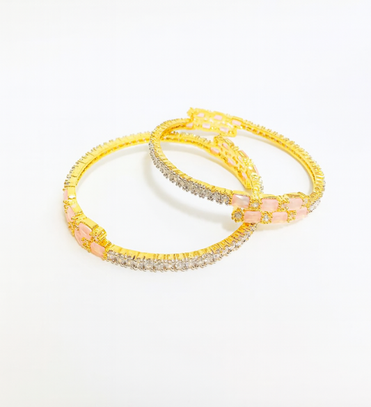 Luxury Pink Stone & Diamond-Style Gold Bangles – Elegant Jewelry Pair