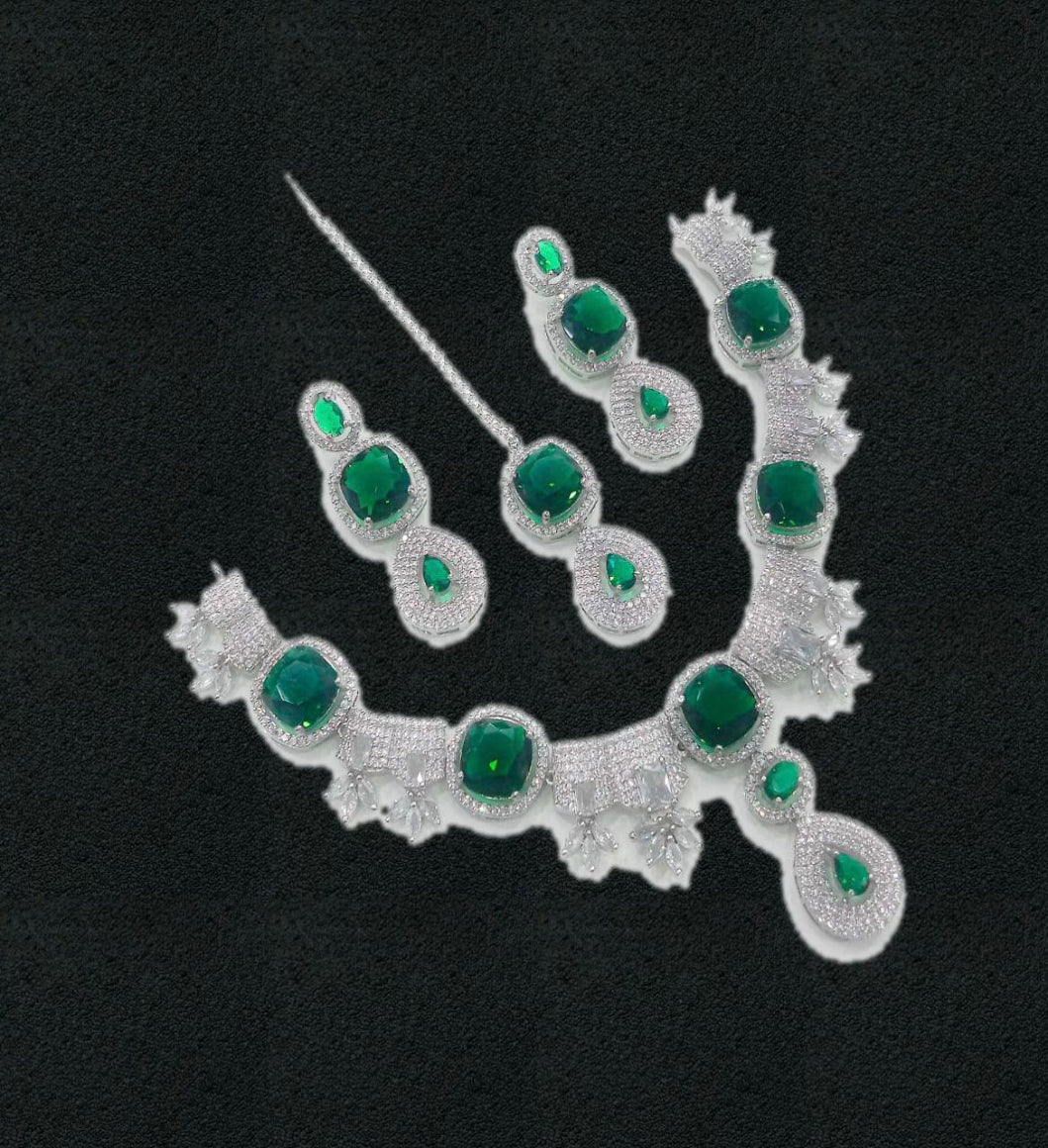 Stylo Fashion Silver Plated & Emerald Green Stone Jewellery Set