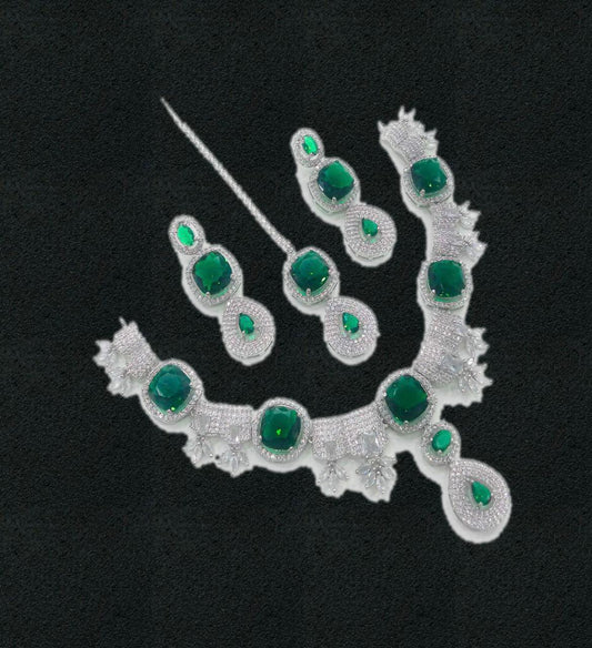 Stylo Fashion Silver Plated & Emerald Green Stone Jewellery Set